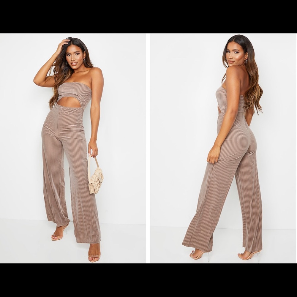 Taupe Striped Velvet Cut Out Bandeau Jumpsuit